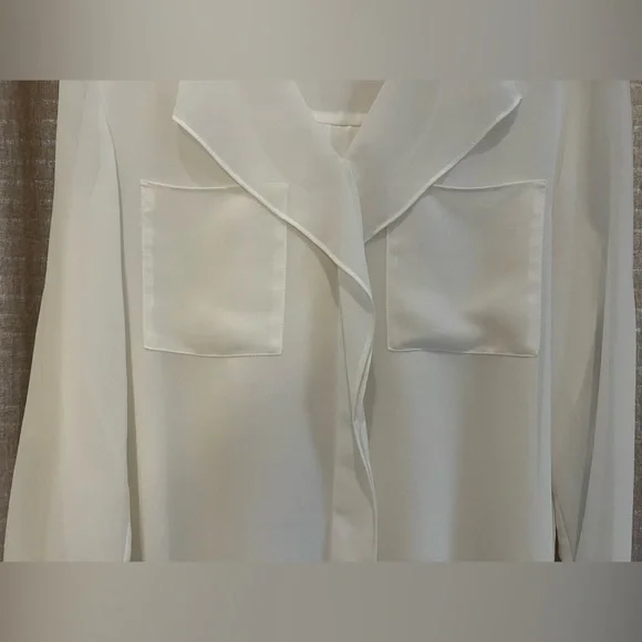 Calvin Klein Sz S Ivory Blouse Layered Sheer Rolled up Sleeve Top Career work - Picture 7 of 11